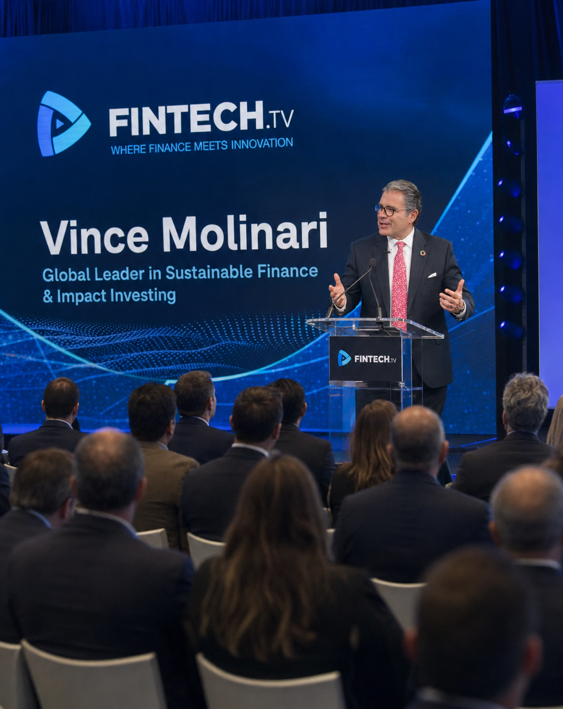 Vince Molinari speaking on stage at a global finance and fintech conference
